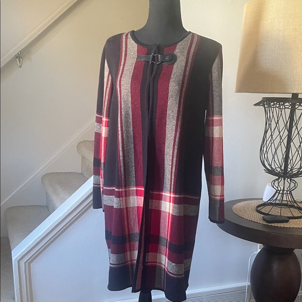 Jones Studio Red Black and Tan Plaid Longer Length Cardigan with Snap Buckle L